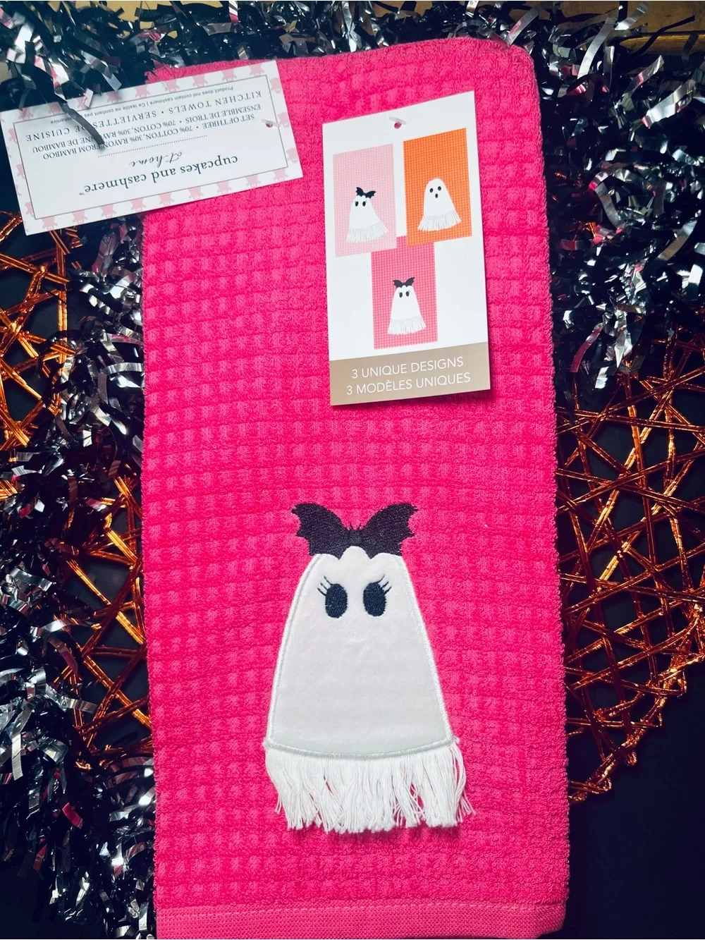 3 Halloween Kitchen Towels Ghost Applique Bright & Light Pink Orange Waffle